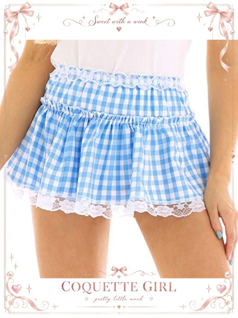 Women Plaid Ruffle Mini Skirt Lace Trim Smocked A Line Layered Short Skirt